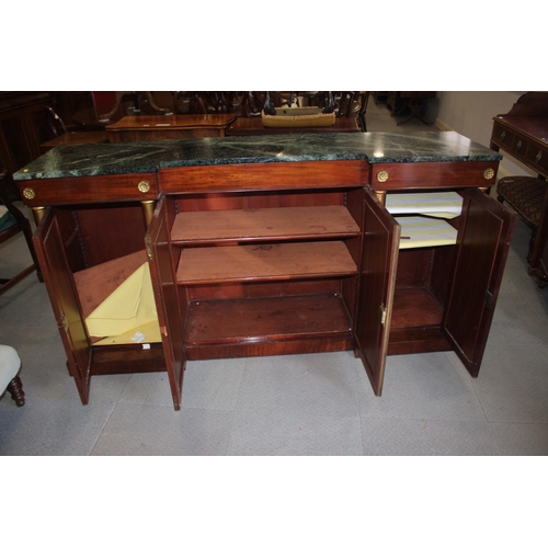 557 - A late 19th century mahogany inverse breakfront marble top chiffonier, fitted three frieze drawers o... 