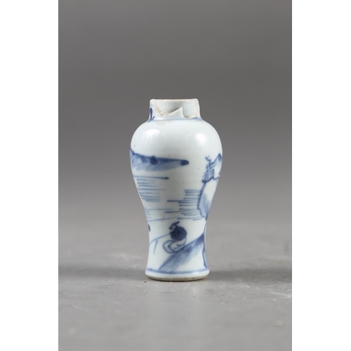 67 - A Chinese blue, white and iron oxide glazed cylindrical miniature vase with warriors in a landscape ... 