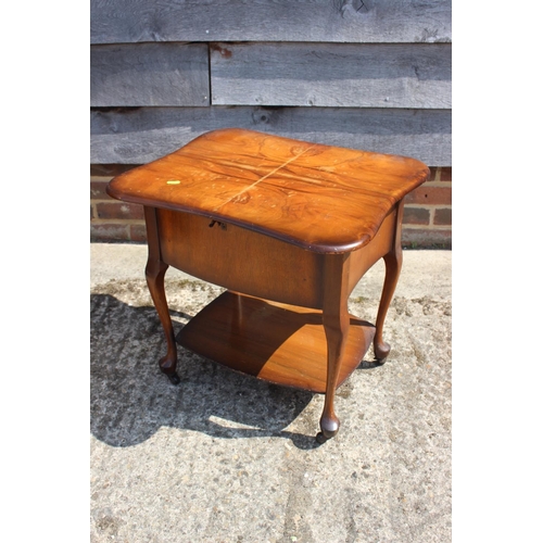 674 - A walnut veneered sewing table, on cabriole supports, and a painted dressing table stool with drop-i... 