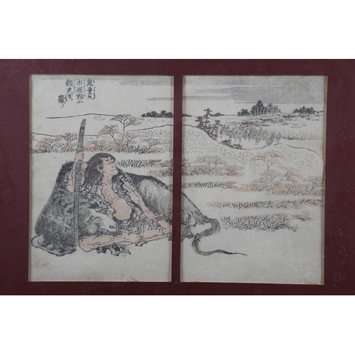 91 - A set of three Japanese prints, figures in landscape, in ebonised frames, and another similar pair o... 