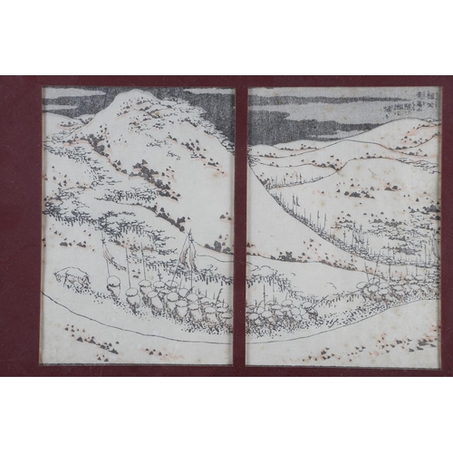 91 - A set of three Japanese prints, figures in landscape, in ebonised frames, and another similar pair o... 