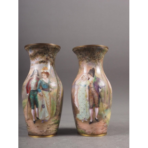 117 - A pair of French baluster enamelled vases with figures in a landscape decoration, 6