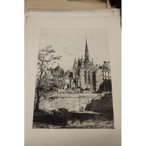 431 - A folio of late 19th century etchings and engravings, including Ernest George, 