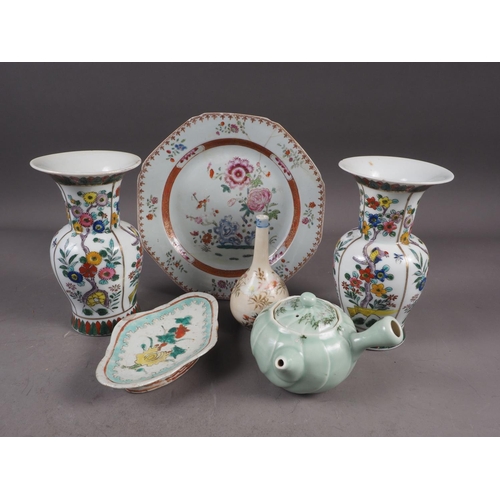 75 - A pair of contemporary Chinese vases, a famille rose shaped edge plate and other items (damages)