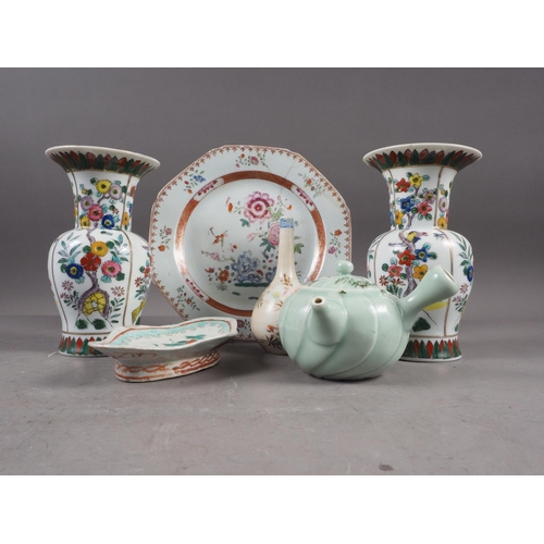 75 - A pair of contemporary Chinese vases, a famille rose shaped edge plate and other items (damages)