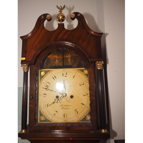 576 - A George III figured mahogany and ebony line inlaid archtop long case clock with painted Adam and Ev... 