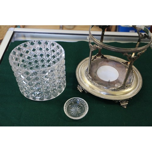 314 - A silver plated two-handled tray with engraved decoration and a plated and cut glass biscuit barrel ... 