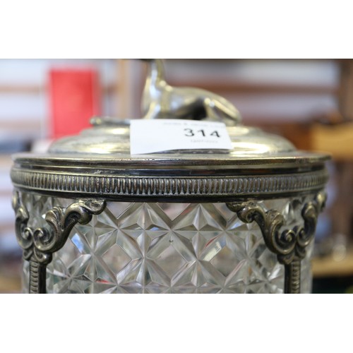 314 - A silver plated two-handled tray with engraved decoration and a plated and cut glass biscuit barrel ... 