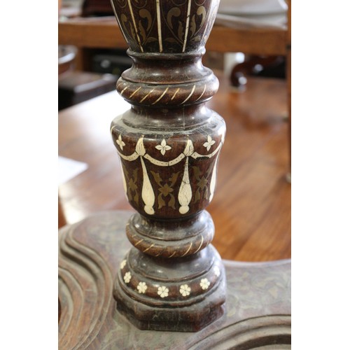 571 - An Indian? hardwood, bone and brass inlaid shape top occasional table, on trefoil base, 25