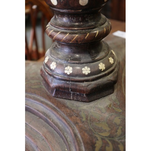 571 - An Indian? hardwood, bone and brass inlaid shape top occasional table, on trefoil base, 25