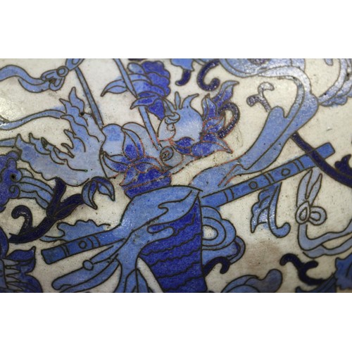 86 - A Chinese cloisonne blue and white circular box and cover with flower, bat and character designs, 12... 