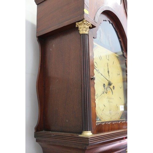 576 - A George III figured mahogany and ebony line inlaid archtop long case clock with painted Adam and Ev... 