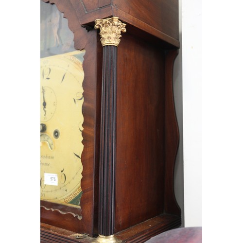 576 - A George III figured mahogany and ebony line inlaid archtop long case clock with painted Adam and Ev... 