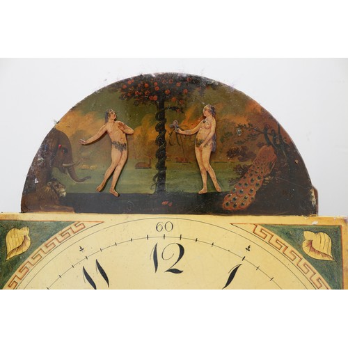 576 - A George III figured mahogany and ebony line inlaid archtop long case clock with painted Adam and Ev... 