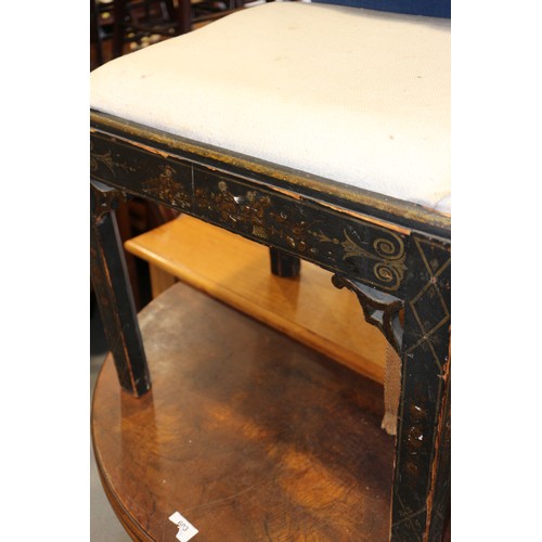 650 - A chinoiserie lacquered drop seat stool, on chamfered supports, 18 1/2