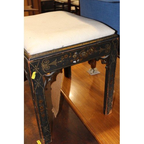 650 - A chinoiserie lacquered drop seat stool, on chamfered supports, 18 1/2