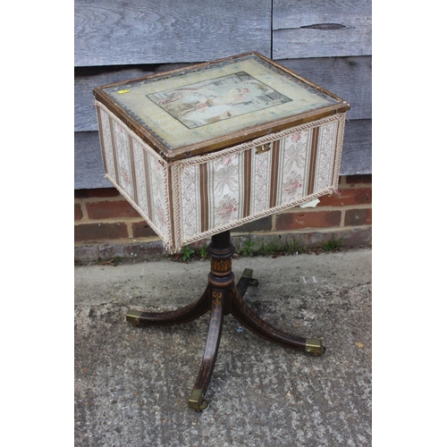 443 - A 19th century work table/box with petit point panel top, on turned painted column and quadruple spl... 