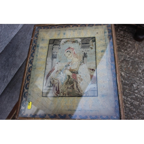 443 - A 19th century work table/box with petit point panel top, on turned painted column and quadruple spl... 