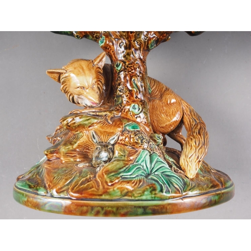 14 - A 19th century Georges Jones Majolica comport, formed as a fox under a tree, 7 1/2