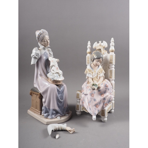 3 - A Lladro figure of a young girl with a bunch of flowers sat on a throne, 10 1/2