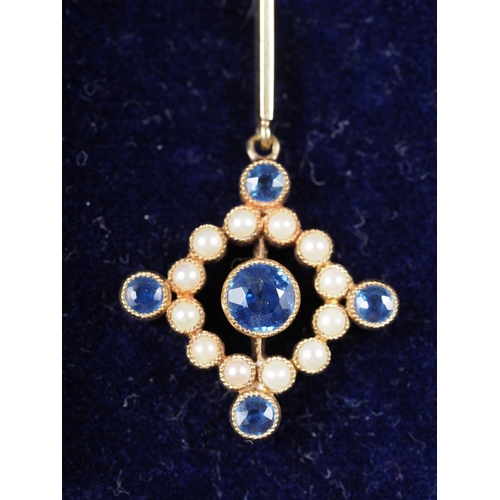 361 - A late 19th century yellow metal pendant necklace, set seed pearls and sapphires, pendant marked 15c... 