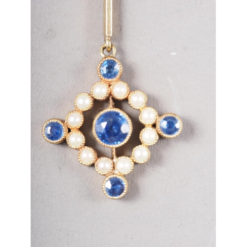 361 - A late 19th century yellow metal pendant necklace, set seed pearls and sapphires, pendant marked 15c... 