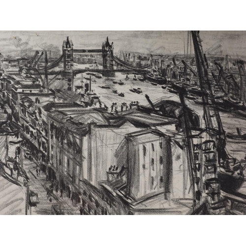 397 - A lithograph view of the Pool of London with Tower Bridge, in ebonised strip frame