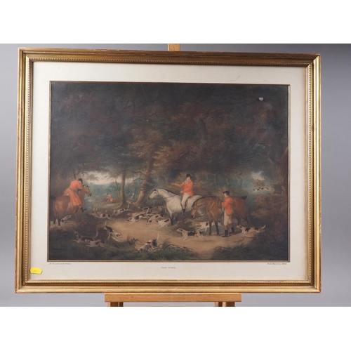 414 - A set of four 19th century colour print hunting scenes, in gilt frames, a similar pair of pictures, ... 