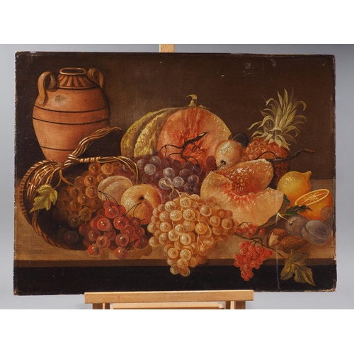 431 - Oil on panel still life with autumn fruit, 17 1/2