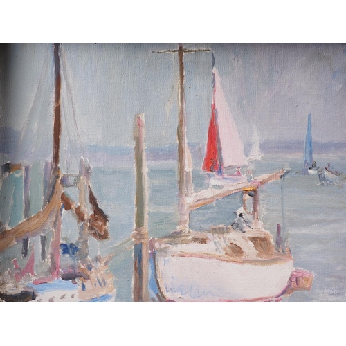 434 - Dunlop: oil on canvas, harbour scene with sailing boats, 13