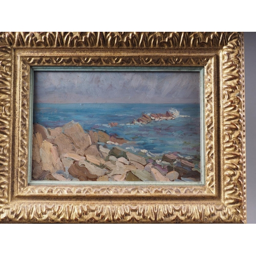 435 - Muriel Hare: oil on panel, rocky coastal scene, 7 1/2