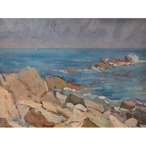 435 - Muriel Hare: oil on panel, rocky coastal scene, 7 1/2