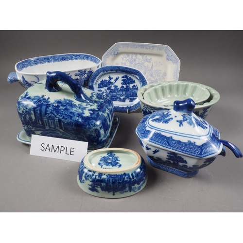 57 - Two Willow pattern tureen bases, similar Ironstone jugs, a cheese dish, tureens and other items