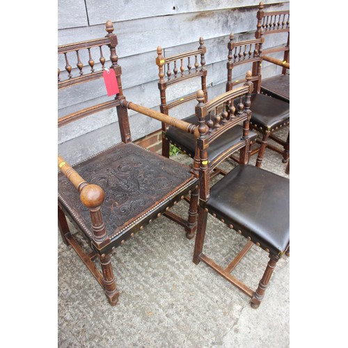 460 - A set of nine late 19th century oak turned frame dining chairs, the seven side chairs with stuffed o... 