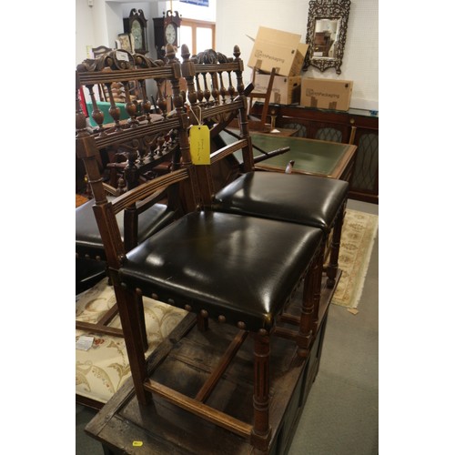 460 - A set of nine late 19th century oak turned frame dining chairs, the seven side chairs with stuffed o... 