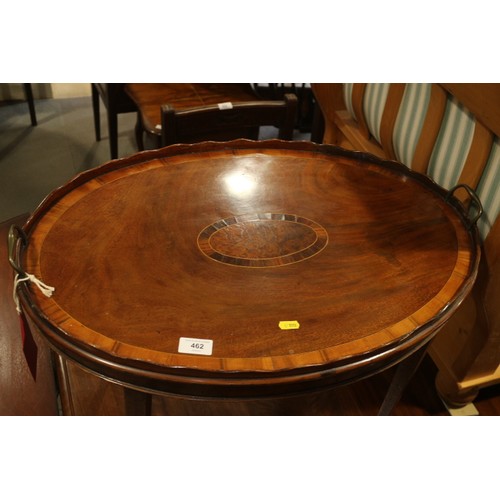 462 - A Sheraton Revival mahogany inlaid and satinwood banded oval two-handle gallery tray, on stand with ... 