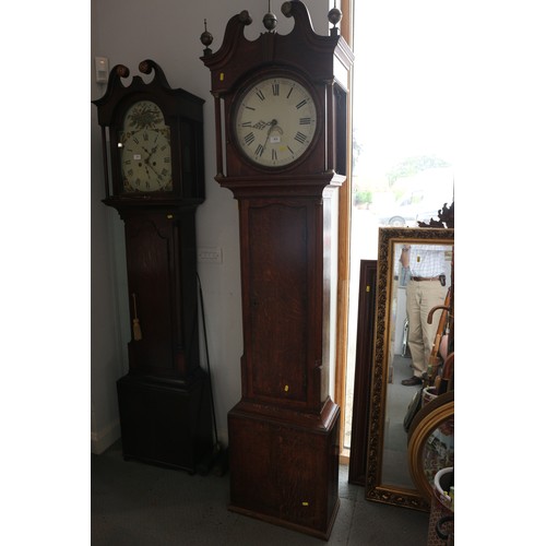 475 - A late 19th century quarter cut oak and mahogany banded long case clock with 30-hour movement, paint... 