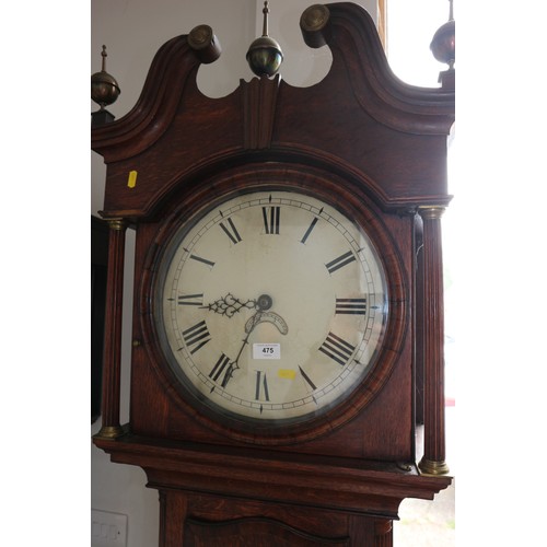 475 - A late 19th century quarter cut oak and mahogany banded long case clock with 30-hour movement, paint... 