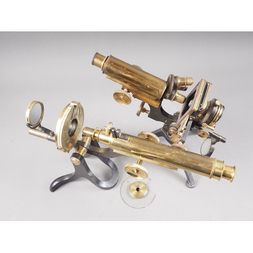 108 - A Henry Crouch brass microscope and a brass microscope with triple lenses