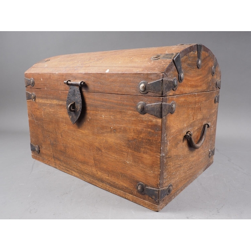 139 - A camphor wood and metal mounted domed box with carry handles, 14 1/2