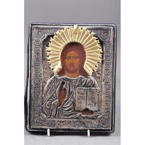 429 - A white metal mounted icon, Christ Pantocrator 9 1/4