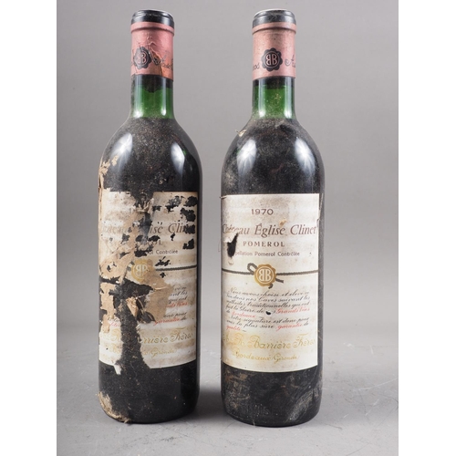 228 - Two bottles of Chateau Eglise Clinet Pomerol 1970, high shoulder