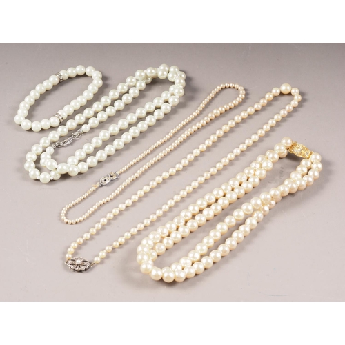 381 - A cultured pearl single-strand necklace with marcasite set clasp, three faux pearl necklaces and a s... 