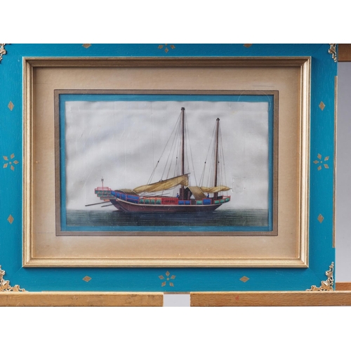 100 - A 19th century Chinese watercolour on pith paper, sailing boat, in painted frame