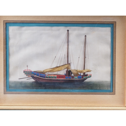 100 - A 19th century Chinese watercolour on pith paper, sailing boat, in painted frame