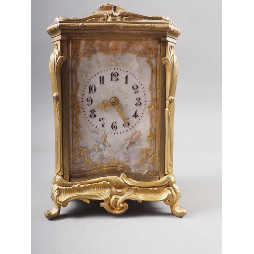 110 - A late 19th century French bronze and bevelled glass repeating carriage clock with enamelled dial, p... 