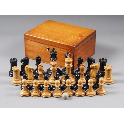 187 - A Jacques of London turned boxwood and ebony competition chess set, in associated box, King size, 3 ... 