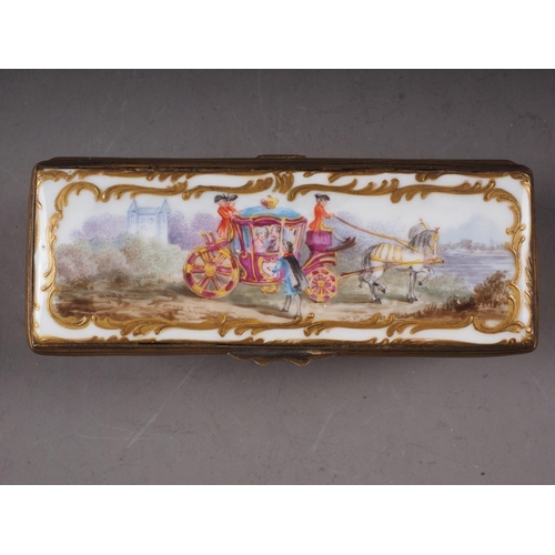 19 - A Meissen hinged box with gilt metal mounts, enamelled stage coach and gilt scrolled decoration, 3 3... 