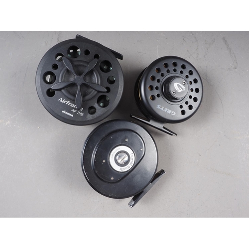 198 - Three fly fishing reels, Intrepid Rimfly, Greys and Airframe AF 7/9 Okuma