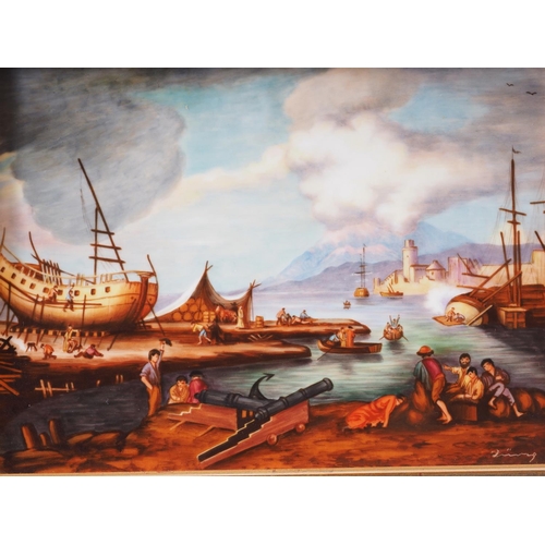 21 - A pair of enamelled porcelain panels, harbour scenes with figures, 7